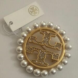 Tory Burch Gold-Tone Logo Brooch with Pearl Trim and Crystals